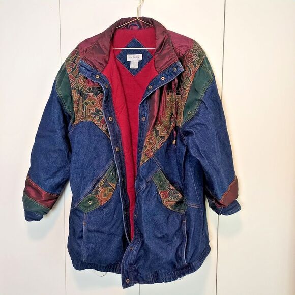 Vintage 90s Two Twenty Women's 2X Denim Patchwork Winter Jacket Plus - Picture 1 of 7